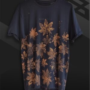 an image of a black t-shirt with copper colored leaf graphics over it