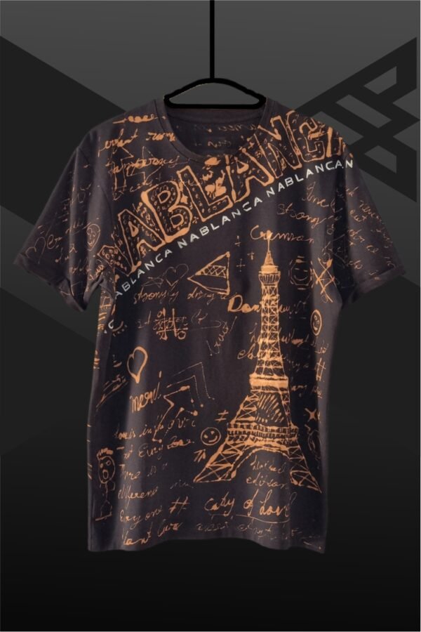 black t-shirt with handmade Paris city inspired graphics all over with bleach