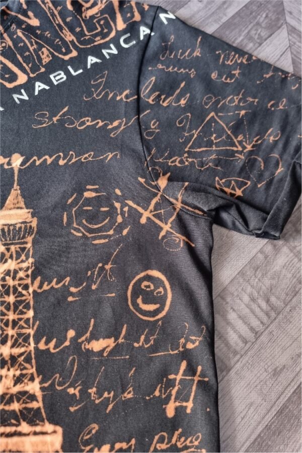 black t-shirt with handmade Paris city inspired graphics all over with bleach