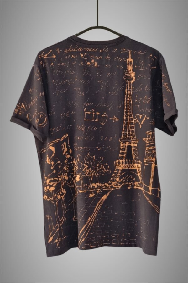 black t-shirt with handmade Paris city inspired graphics all over with bleach