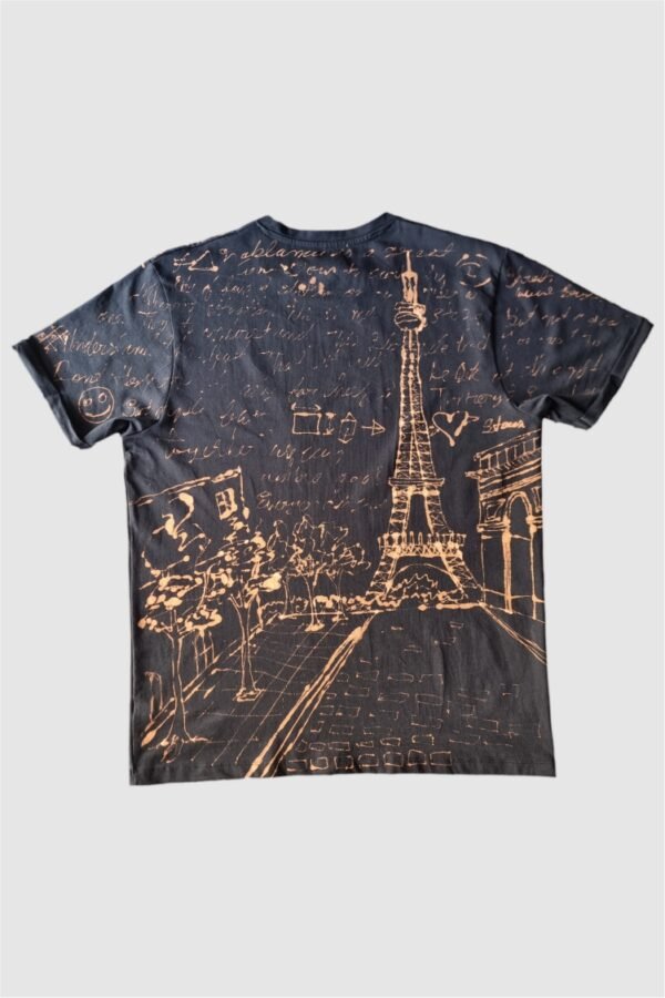 black t-shirt with handmade Paris city inspired graphics all over with bleach