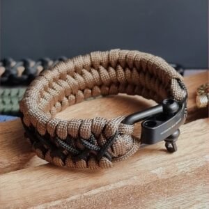 handmade paracord bracelet with black shackle in brown and black paracord