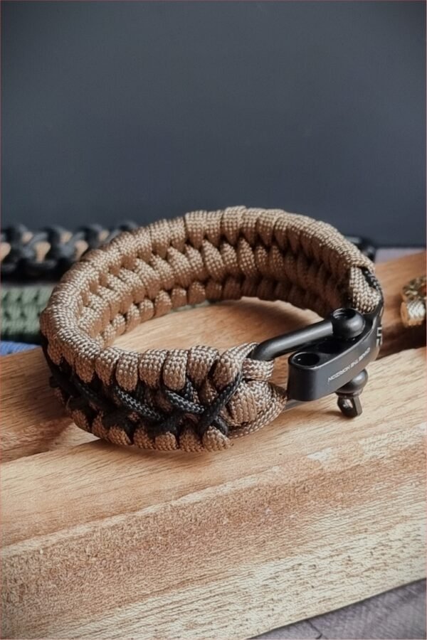 handmade paracord bracelet with black shackle in brown and black paracord