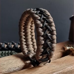 handmade paracord bracelet with black shackle in brown and black paracord