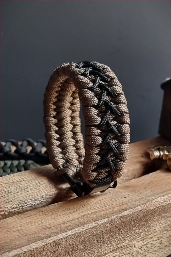 handmade paracord bracelet with black shackle in brown and black paracord