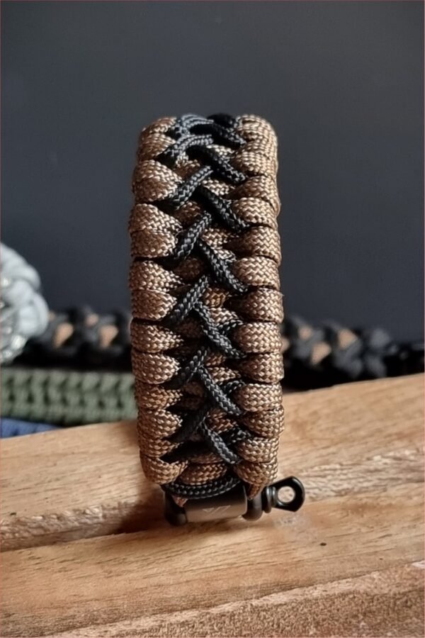 handmade paracord bracelet with black shackle in brown and black paracord