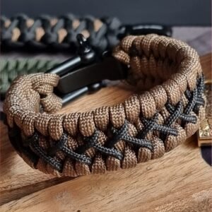 handmade paracord bracelet with black shackle in brown and black paracord