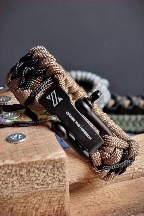 handmade paracord bracelet with black shackle in brown and black paracord