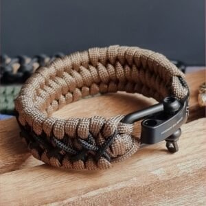 handmade paracord bracelet with black shackle in brown and black paracord