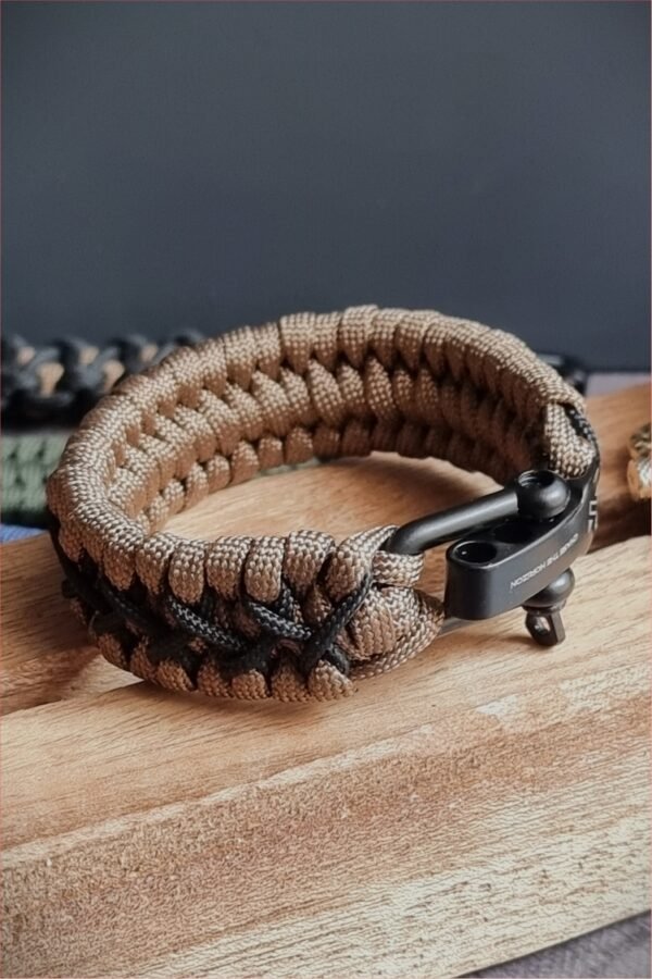 handmade paracord bracelet with black shackle in brown and black paracord