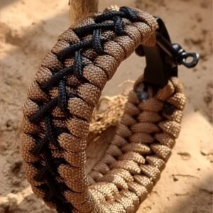 handmade paracord bracelet with black shackle in brown and black paracord