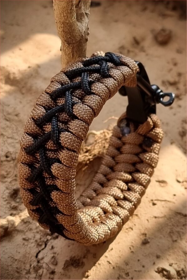 handmade paracord bracelet with black shackle in brown and black paracord