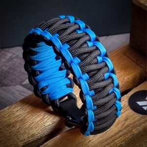 double layer handmade paracord bracelet made with sky blue and black paracord with shackle buckle