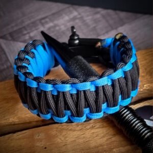 double layer handmade paracord bracelet made with sky blue and black paracord with shackle buckle