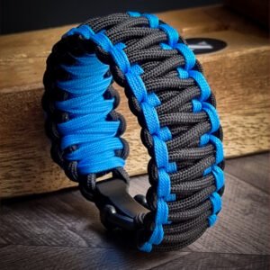 double layer handmade paracord bracelet made with sky blue and black paracord with shackle buckle