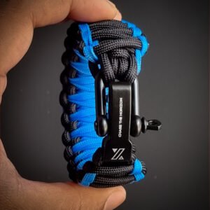 double layer handmade paracord bracelet made with sky blue and black paracord with shackle buckle