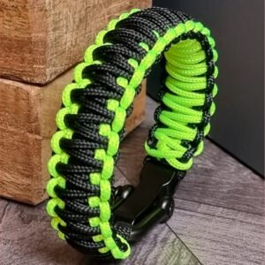 Neon Green and black handmade 2mm paracord tactical bracelet with shackle buckle design