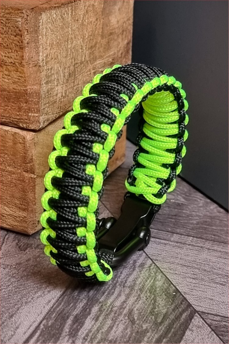 Neon Green and black handmade 2mm paracord tactical bracelet with shackle buckle design