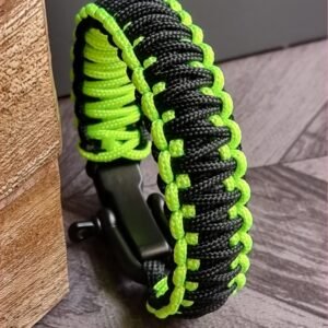 Neon Green and black handmade 2mm paracord tactical bracelet with shackle buckle design