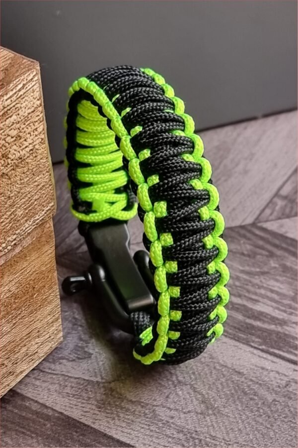 Neon Green and black handmade 2mm paracord tactical bracelet with shackle buckle design