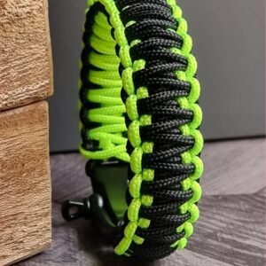 Neon Green and black handmade 2mm paracord tactical bracelet with shackle buckle design