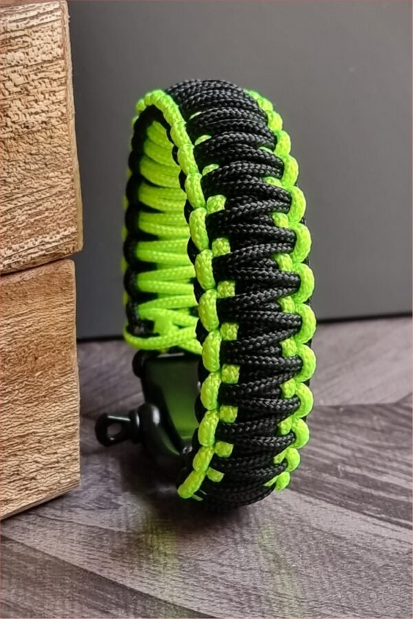 Neon Green and black handmade 2mm paracord tactical bracelet with shackle buckle design