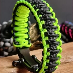 Neon Green and black handmade 2mm paracord tactical bracelet with shackle buckle design