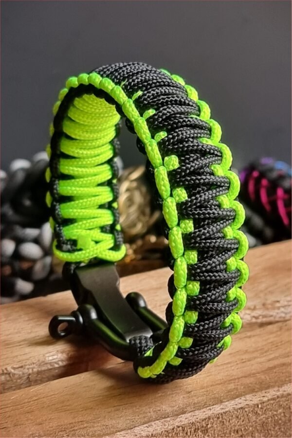 Neon Green and black handmade 2mm paracord tactical bracelet with shackle buckle design