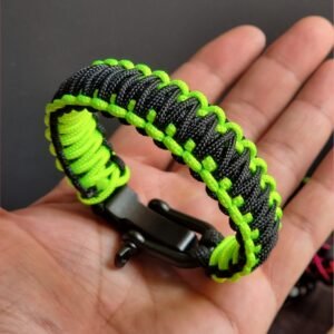 Neon Green and black handmade 2mm paracord tactical bracelet with shackle buckle design