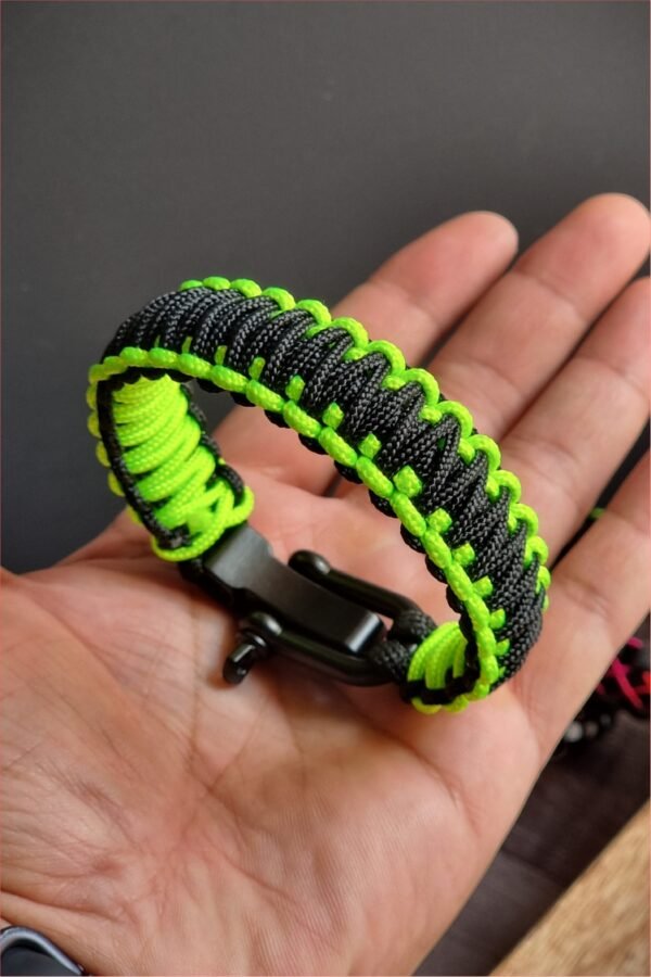 Neon Green and black handmade 2mm paracord tactical bracelet with shackle buckle design