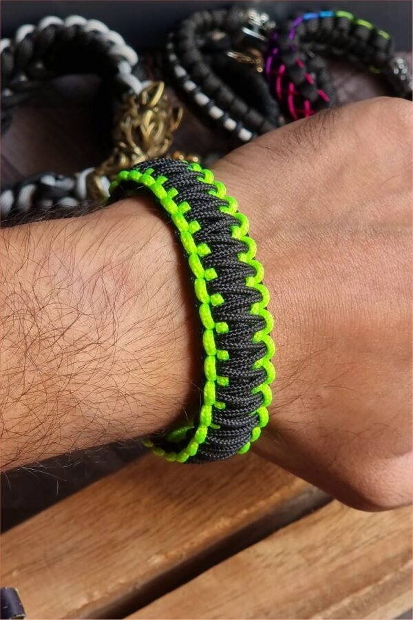 Neon Green and black handmade 2mm paracord tactical bracelet with shackle buckle design