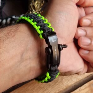 Neon Green and black handmade 2mm paracord tactical bracelet with shackle buckle design