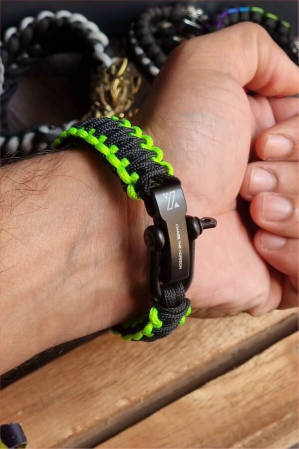 Neon Green and black handmade 2mm paracord tactical bracelet with shackle buckle design