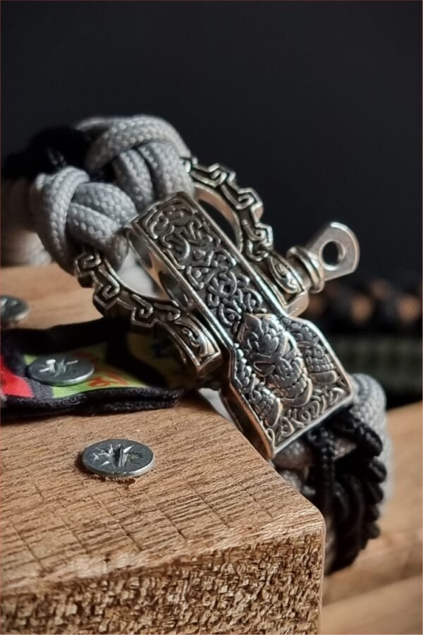 tribal buckle paracord bracelet handmade with silver and black paracord