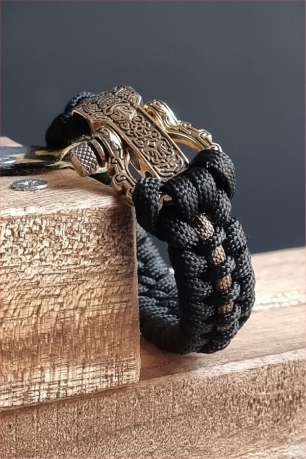 tribal buckle paracord bracelet handmade with gold, silver and black paracord