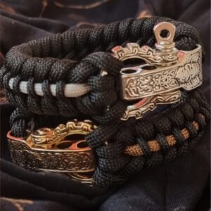 tribal buckle paracord bracelet handmade with gold, silver and black paracord