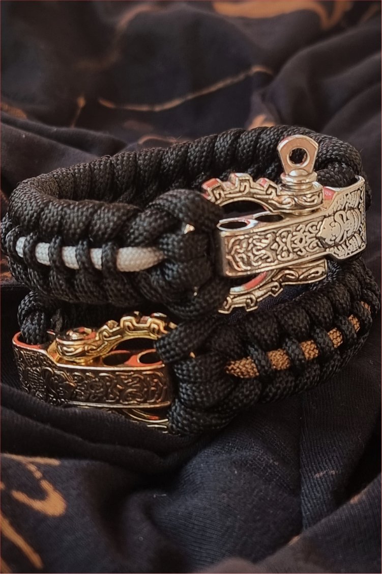 tribal buckle paracord bracelet handmade with gold, silver and black paracord