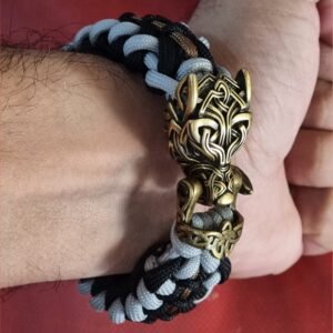 mythical Bear tribal buckle paracord bracelet with silver, gold and black paracord