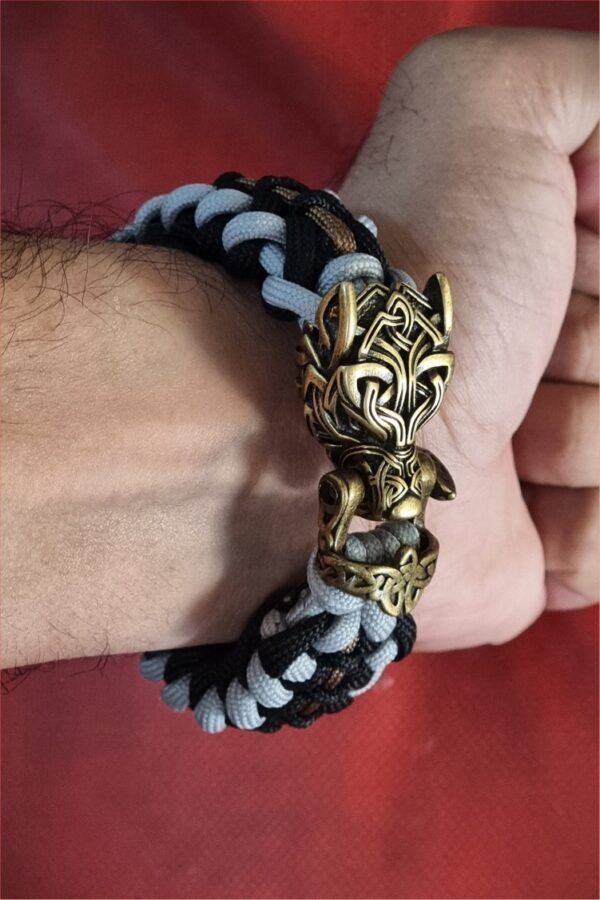 mythical Bear tribal buckle paracord bracelet with silver, gold and black paracord