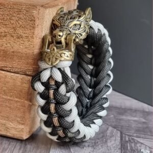 mythical Bear tribal buckle paracord bracelet with silver, gold and black paracord