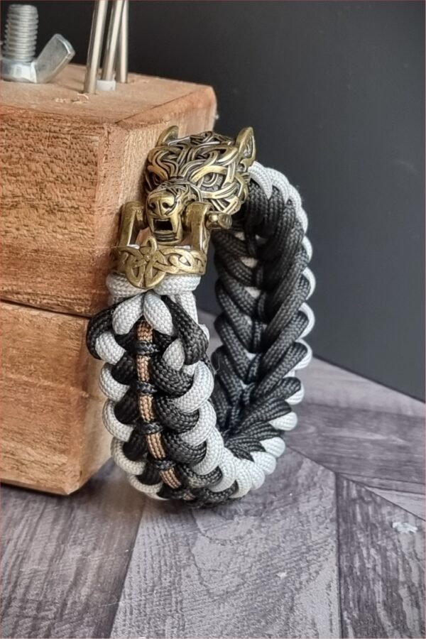 mythical Bear tribal buckle paracord bracelet with silver, gold and black paracord