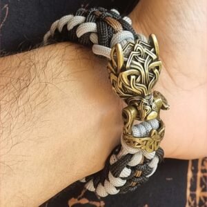 mythical Bear tribal buckle paracord bracelet with silver, gold and black paracord