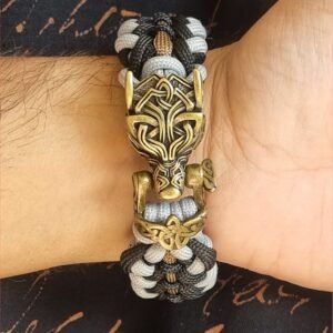 mythical Bear tribal buckle paracord bracelet with silver, gold and black paracord