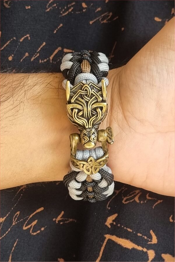 mythical Bear tribal buckle paracord bracelet with silver, gold and black paracord