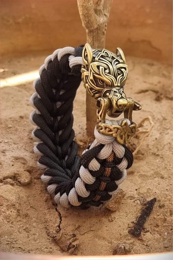 mythical Bear tribal buckle paracord bracelet with silver, gold and black paracord