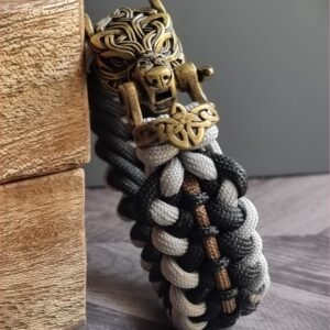 mythical Bear tribal buckle paracord bracelet with silver, gold and black paracord