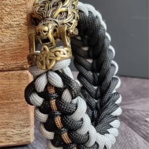 mythical Bear tribal buckle paracord bracelet with silver, gold and black paracord