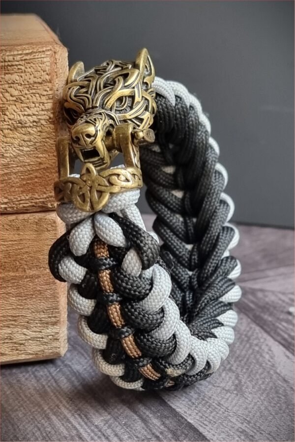 mythical Bear tribal buckle paracord bracelet with silver, gold and black paracord