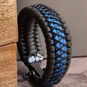 handmade survival paracord bracelet made of black, light blue paracords with shackle buckle