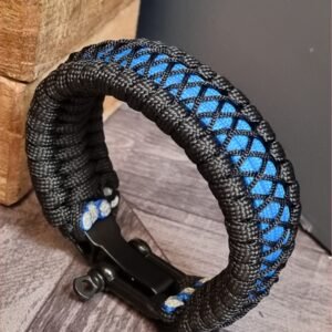 handmade survival paracord bracelet made of black, light blue paracords with shackle buckle